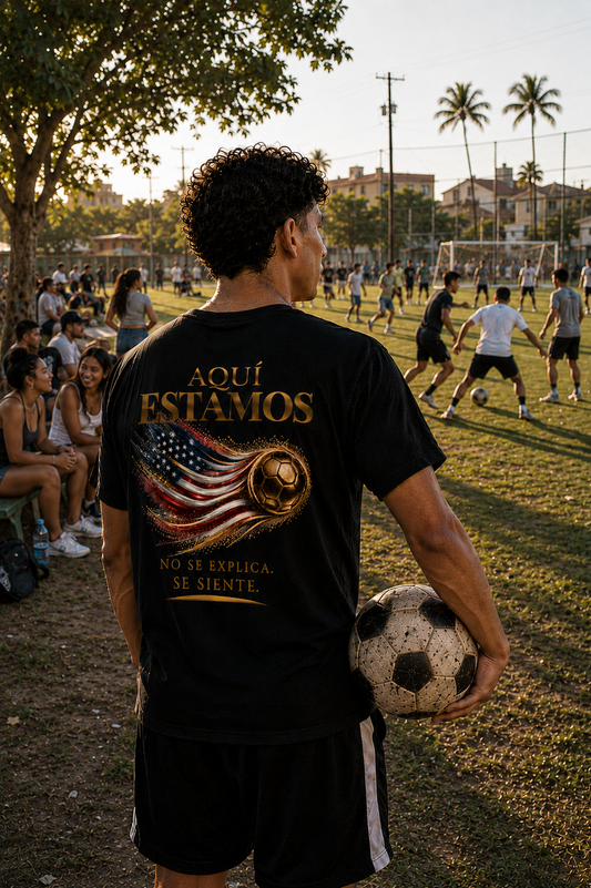 Back Print | Aquí Estamos Tee | Diseño Dorado de Fútbol y Bandera de Estados Unidos