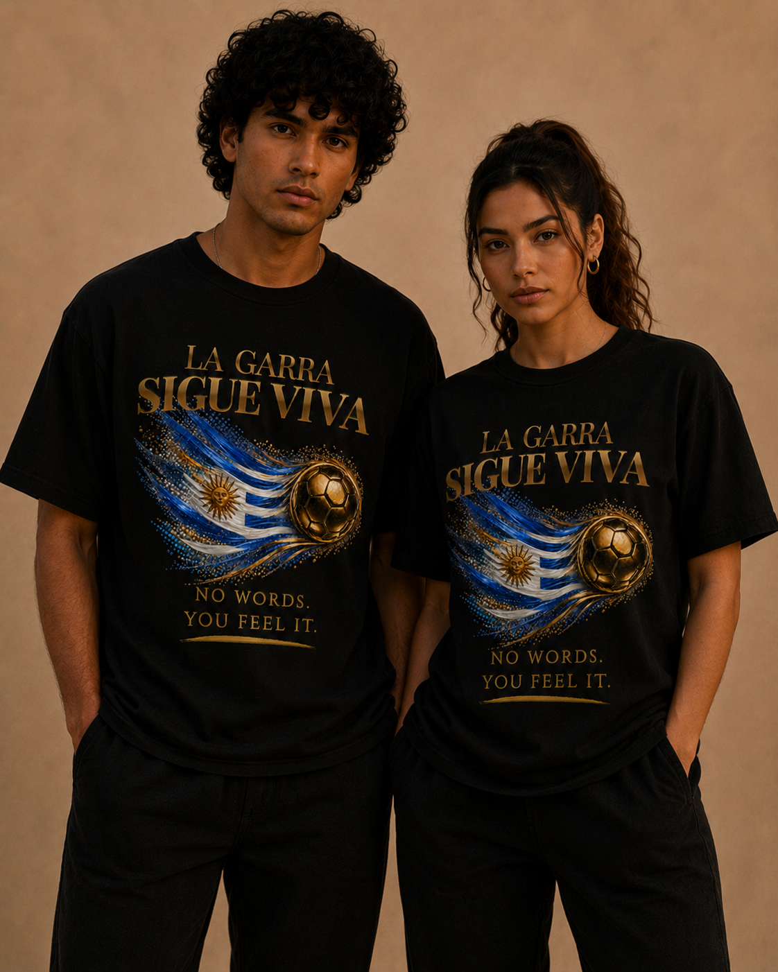 Front Print | La Garra Sigue Viva Tee | Gold Soccer & Uruguay Flag Design | Bilingual Edition