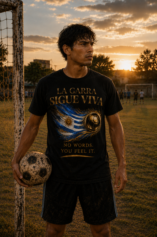 Front Print | La Garra Sigue Viva Tee | Gold Soccer & Uruguay Flag Design | Bilingual Edition