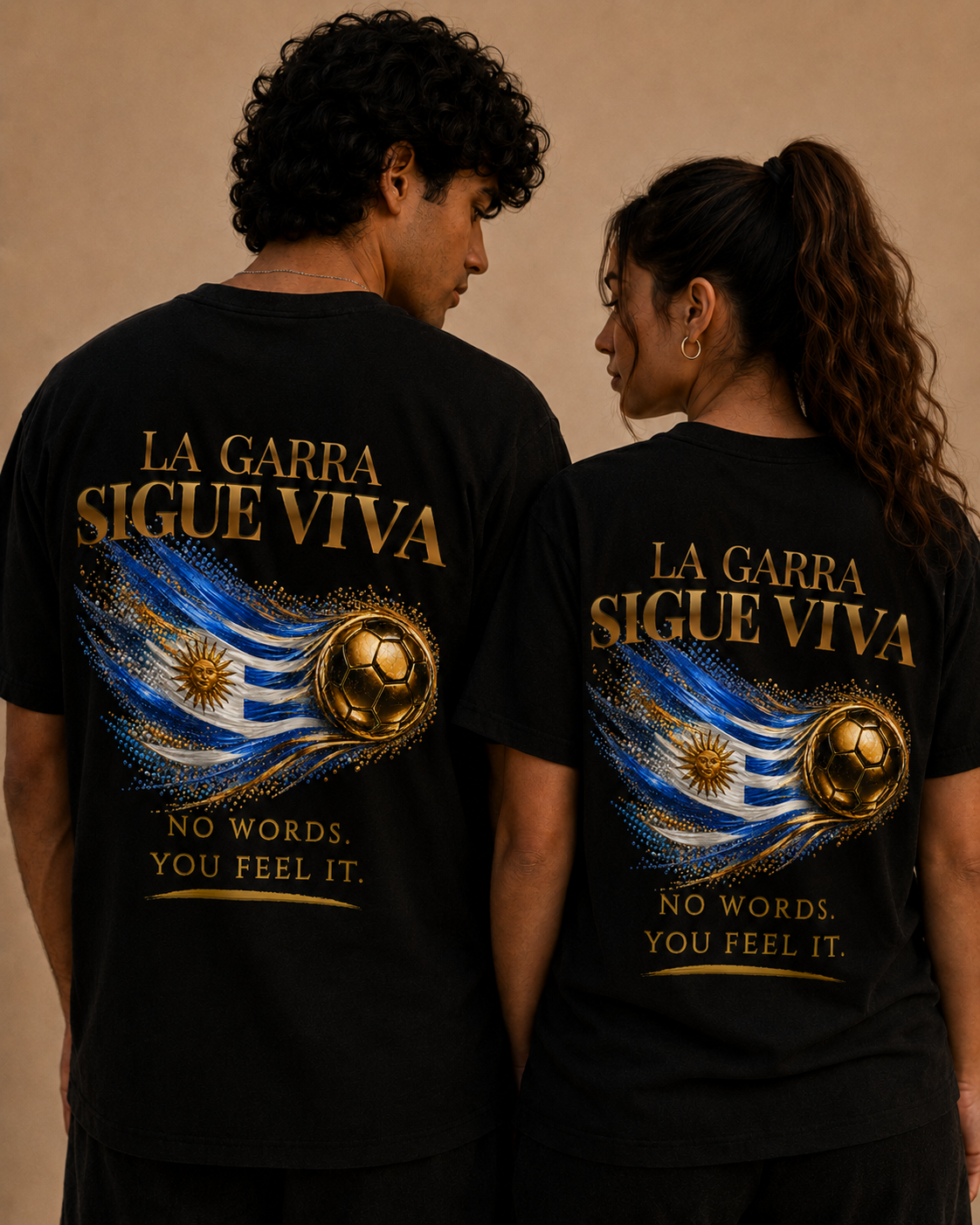 Back Print | La Garra Sigue Viva Tee | Gold Soccer & Uruguay Flag Design | Bilingual Edition