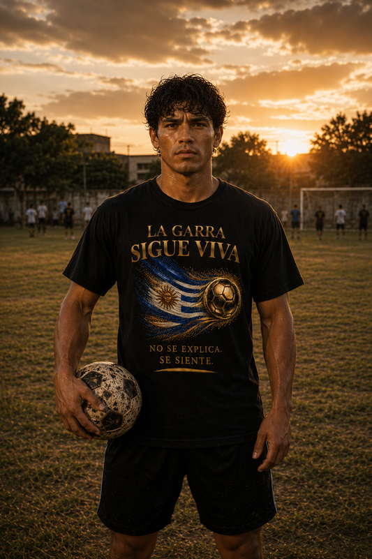 Front Print | La Garra Sigue Viva Tee | Diseño Dorado de Fútbol y Bandera de Uruguay