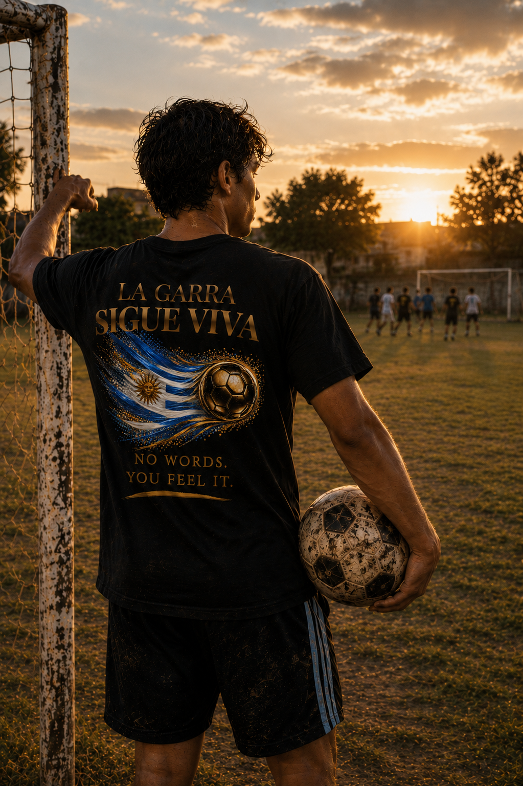 Back Print | La Garra Sigue Viva Tee | Gold Soccer & Uruguay Flag Design | Bilingual Edition