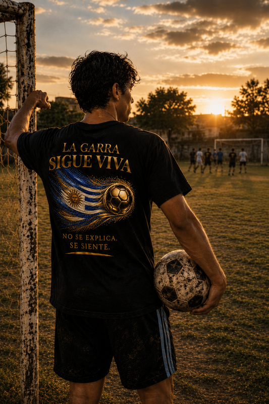 Back Print | La Garra Sigue Viva Tee | Diseño Dorado de Fútbol y Bandera de Uruguay