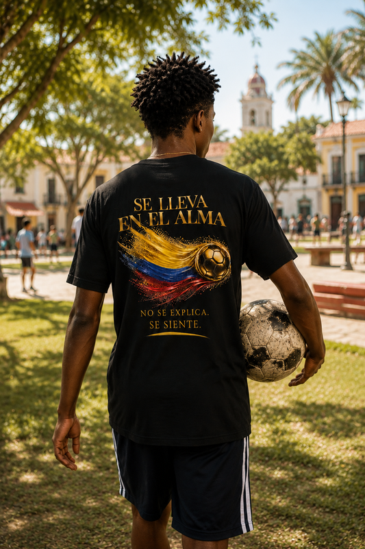 Back Print | Se Lleva En El Alma Tee | Diseño Dorado de Fútbol y Bandera de Colombia