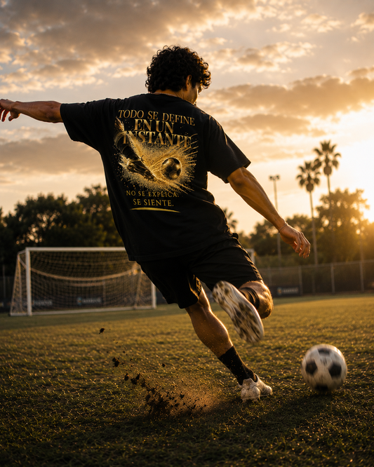 Back Print | Todo Se Define En Un Instante Tee | Diseño Dorado de Fútbol